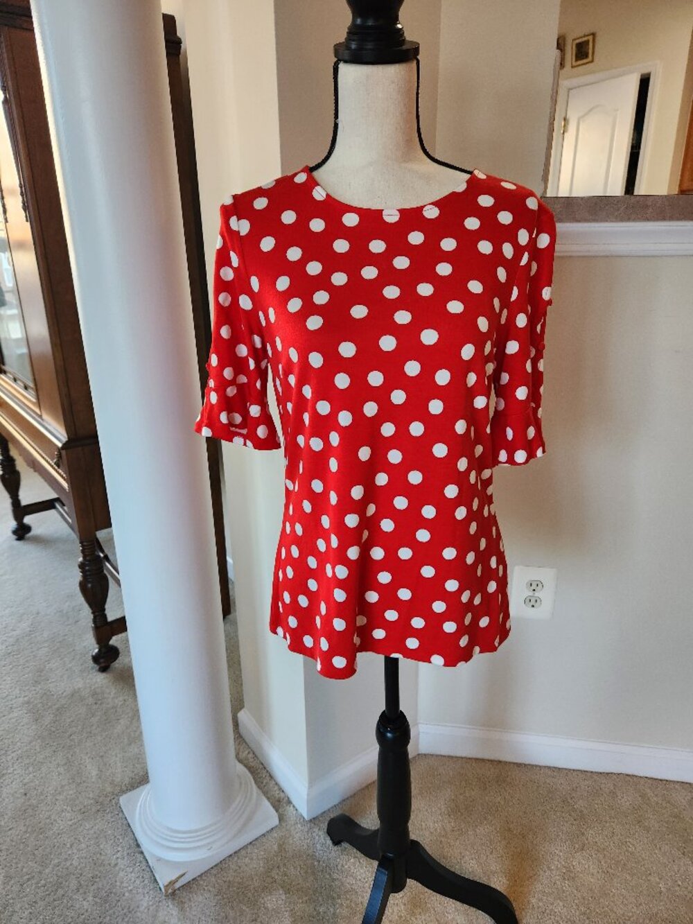 Boden Red White Polka Dot Blouse Short Sleeve Button Detail Top - Size US 8